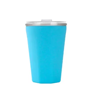 Tazza termica in acciaio inossidabile a doppia parete con coperchio e custodia blu.