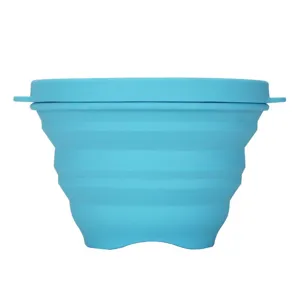 Portable collapsible silicone bowl with lid outdoor travel foldable food container blue