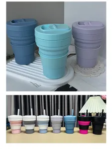 Collapsible silicone travel cup with straw, portable food-grade outdoor coffee cup for daily use.
