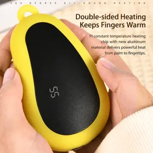 Rechargeable hand warmer with digital temperature display, cute avocado shape design for winter.