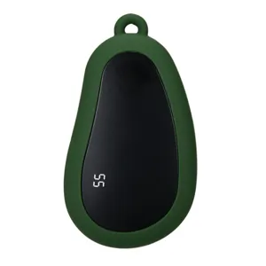 Portable rechargeable hand warmer in green and black with digital display and hanging loop.