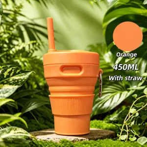 Tragbare Silikon Faltbare Kaffeetasse 450ml Teleskop Reise Wasserflasche Mit Strohhalm Und Haken Outdoor Tragbare Trinkbecher