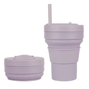 Folding silicone straw cup travel outdoor sports portable purple cup compact design
