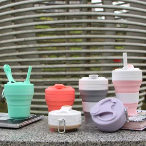 Portable silicone collapsible coffee cup with straw outdoor travel telescopic water cup
