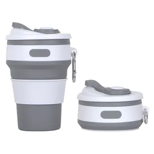 Collapsible Silicone Coffee Cup Portable Travel Mug with Lid and Carabiner White Grey