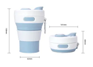 Gobelet de voyage pliable en silicone vue détaillée montrant les dimensions et formes.