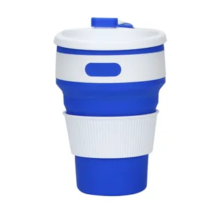 Collapsible silicone travel cup, portable folding coffee mug with lid, 350ml blue white