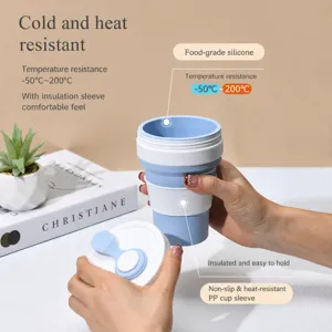 Tragbarer faltbarer Silikonbecher fuer Outdoor Reisen Kaffeebecher mit Deckel tragbar