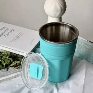 Gobelet à Glace en Acier Inoxydable Double Paroi Tasse à Bière Refroidissement Rapide Avec Couvercle et Paille Bouteille Isotherme