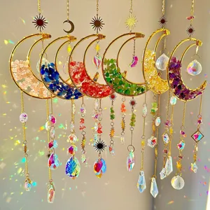Kristall Sonnenfänger Mond Sonne Hängende Deko Naturstein Suncatcher Prisma Regenbogenmacher Boho Windspiel Garten Haus Deko