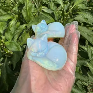 Handgefertigte synthetische opal schlafende Katze Kristall Skulptur Detailansicht Deko.