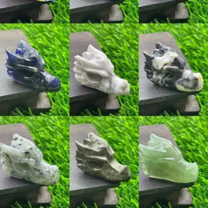 Natural stone carved dragon head figurine, semi-precious gemstone animal statue decor.