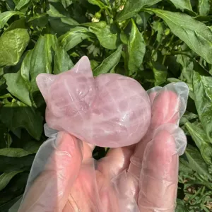 Handgefertigte 7cm Rosenquarz schlafende Katze Kristall Figur Heilstein Heimdekoration.