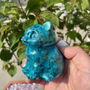Handgefertigte Aura Kristall Katze Figur, 8cm natürlicher Edelstein geschnitzte Deko.