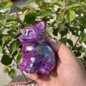 Handgeschnitzte 8cm Aura Kristall Katze Edelstein Skulptur, polierte Tier Kristall Figur neu.