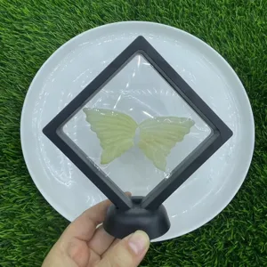 Natural gemstone butterfly wings specimen detail view in floating display frame for crystal decor.