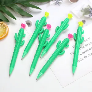 Vue détaillée de crayons mécaniques cactus créatifs avec poignée en caoutchouc souple et fleur.