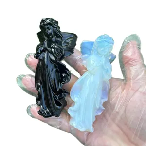 10cm Crystal Cupid Figurine Obsidian and Opal Angel Carving Home Decor Gift Collectible