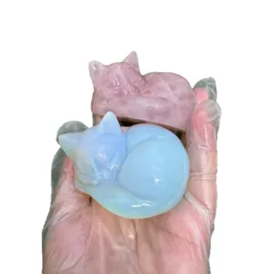 7cm Kristall schlafende Katze Figur Edelstein rosa Quarz Opalit Heilstein Deko Steinfigur