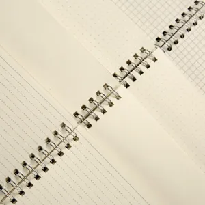 Détail du carnet à spirale montrant les pages intérieures lignées, quadrillées et pointillées.