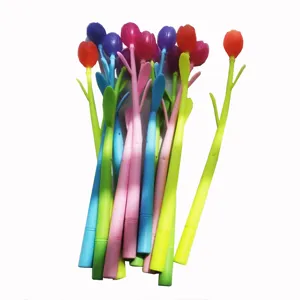 Kleurrijke tulp gelpennen set, zacht rubber bloem ontwerp 0.5mm zwarte inkt schrijfwaren hoofd afbeelding
