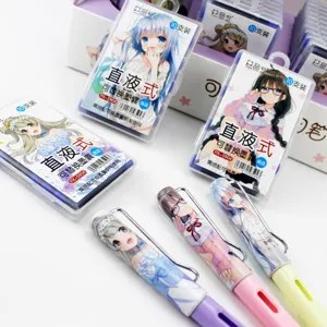 Direct liquid fountain pen set with cute anime girl design, replaceable ink sac, 10 pcs.
