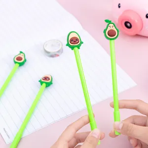 Cute avocado gel pen detail shot, vibrant green stationery with fun fruit design for daily study.