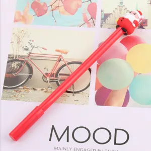 Detail shot of a cute red gel pen featuring a playful Santa Claus topper for holiday writing.