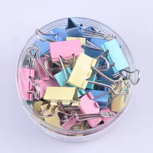 Colorful binder clips small 19mm in clear storage tub for office and school stationery use