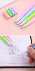 Close-up detail of pastel candy colored gel pens with soft rubber grip writing on notebook.