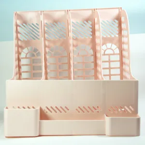 Organizer da scrivania in plastica rosa, scaffale portaoggetti da ufficio multi-scomparto.