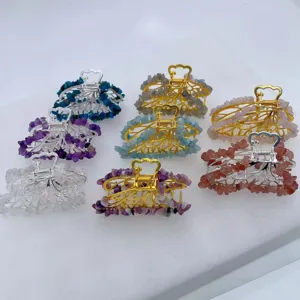 Pince à Cheveux Papillon en Éclats de Cristal Naturel Barrette en Alliage Vintage avec Pierres Concassées Accessoire de Cheveux Élégant Femme