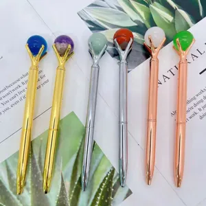 Natural Semi-Precious Stone Ballpoint Pen Crystal Sphere Top Metal Writing Pen Rose Gold Silver Stationery Office Gift