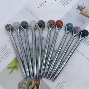 Crystal sphere ballpoint pens with natural stone balls, metal body, elegant office stationery gifts.