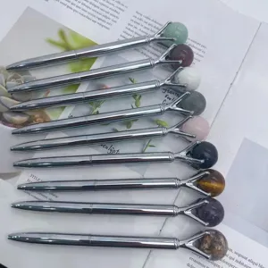 Crystal sphere ball pens with natural stone gemstone, metal rollerball pens set 9pcs