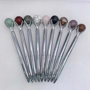 Natural crystal sphere ball pens detail, assorted gemstone metal ballpoint pens set.