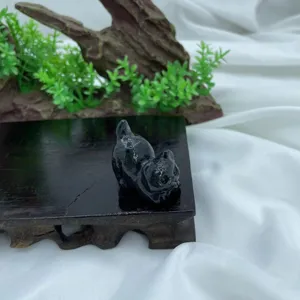 Crystal cat carving detail, natural stone black cat figurine, miniature home decor statue.