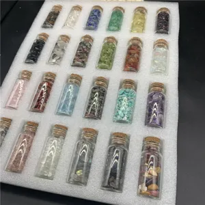 Natural crystal chips wishing bottles set, colorful gemstone glass bottles for decor.