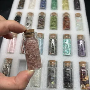 Natural crystal stone wishing bottles set, colorful gemstone chips in glass with cork.