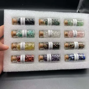 12 pcs natural crystal chips wishing bottles set healing gemstone mineral specimens with English labels.
