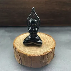 Natural stone carved yoga woman figurine detail, black gemstone meditating female statue pendant