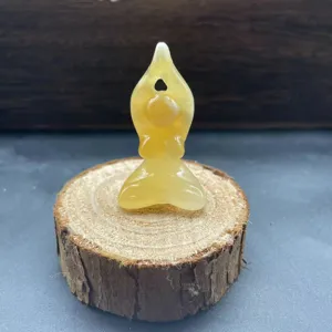 Natural yellow crystal yoga woman figurine, 5cm handmade stone carving meditation decor.