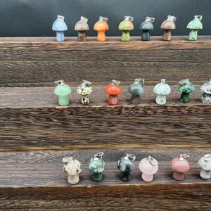 Natural crystal stone mushroom pendants in various colors and minerals for jewelry making.