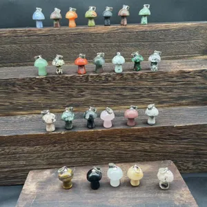 Detailed view of natural stone small mushroom pendants with colorful crystal gems.