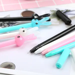 Cute rabbit gel pen detail shot, cute cartoon bunny stationery with smooth black ink.