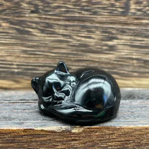 Figurine chat endormi en obsidienne sculptée main, 5.5cm décoration animal en pierre.