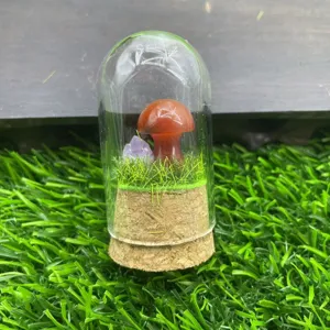 Gros plan d'un dôme en verre champignon cristal miniature avec mousse et détail de cristal.