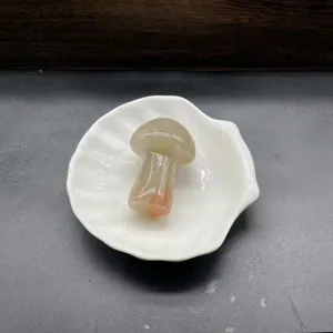 Primo piano dettagliato di una scultura di fungo in pietra naturale su piatto a conchiglia.