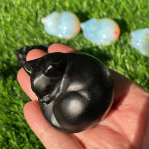 Chat endormi en cristal d'obsidienne pierre precieuse figurine mignonne 5.5 cm