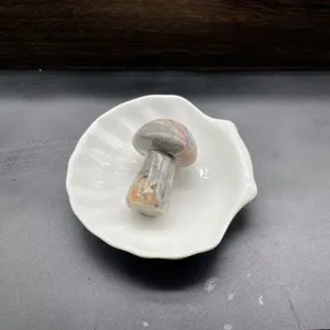 Primo piano di un soprammobile a fungo in pietra naturale in un piatto a conchiglia.